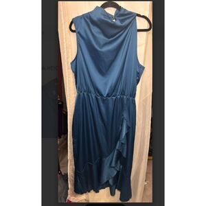 525 Elegant Teal Satin Ruffle Midi Dress | One-Shoulder Draped High Neck